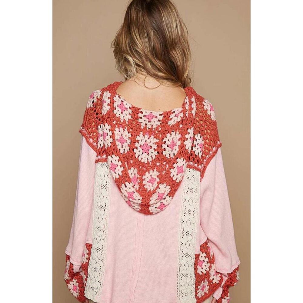 POL Boho Granny Square Crochet & Lace Thermal Hooded Top, NWOT